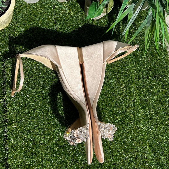- Badgley Mischka Soft Nude Crystal embellished wedge heel ankle strap size 9.5 - Picture 11 of 13